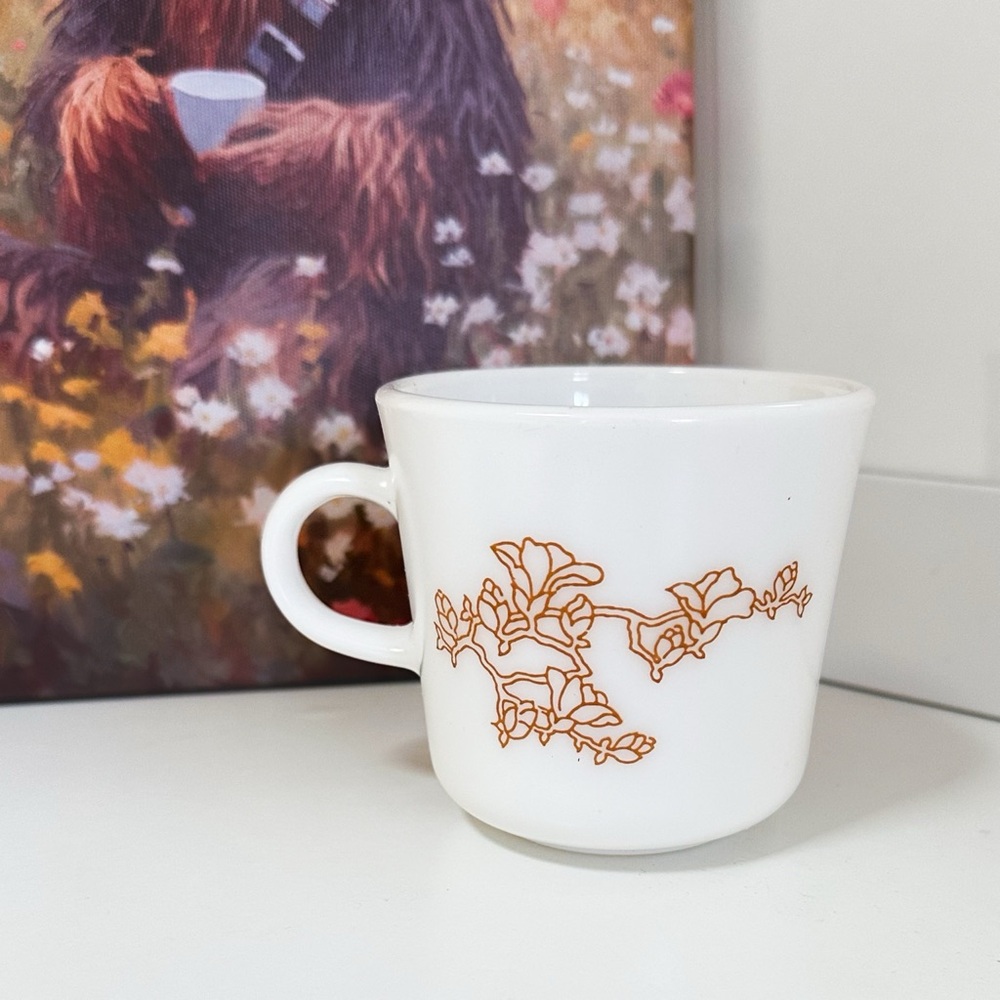 Vintage 60’s Milk Glass Mug Corningwear Rare "Oriental Cherry Blossom" Print